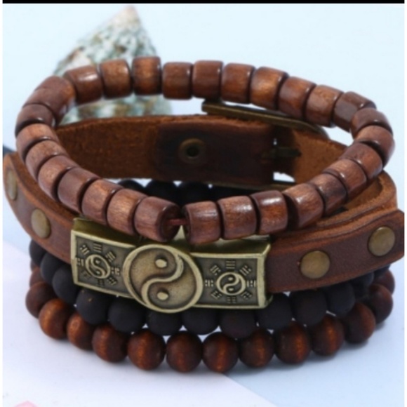 Unisex Vegan Leather Bracelet Beaded Yin Yang Set - Picture 2 of 4